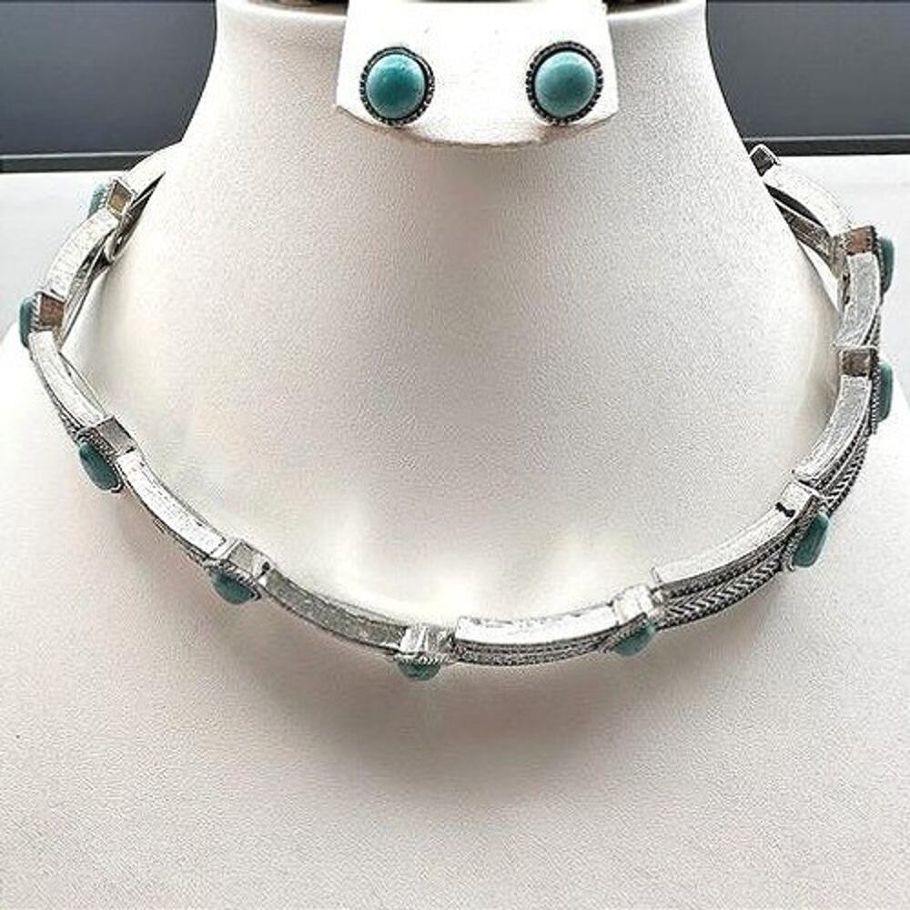 Vintage 90s Turquoise Silver-Tone Choker Necklace Set Boho Women's Jewelry Y2K
